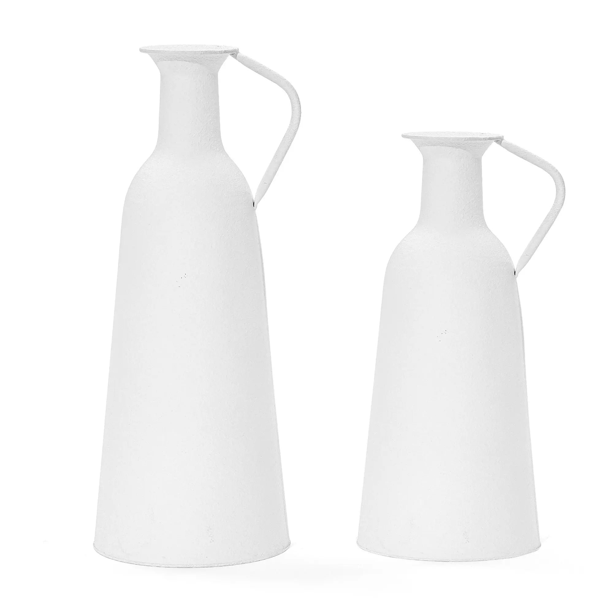 Two tall, white ceramic pitchers with narrow necks and handles, embodying a modern minimalist design, set against a plain white background. Perfectly suited for any home decor, this elegant table vase set adds a touch of sophistication to your space.
