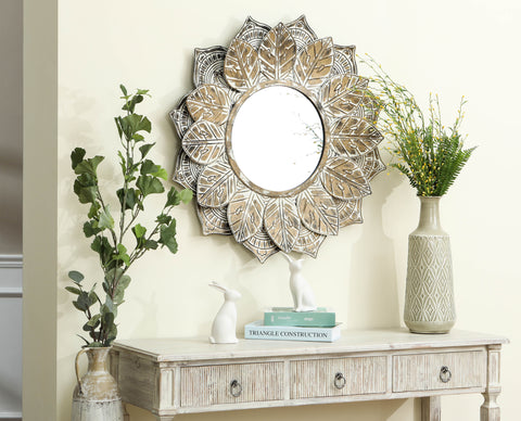 Distressed Brown and White Leaf Wreath Metal Frame Wall Mirror