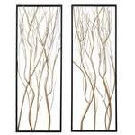 Two rectangular black metal wall art pieces featuring abstract gold and silver branch designs set against a white background—perfect modern wall art to create a stunning focal point in any room.
