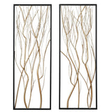 Two rectangular black metal wall art pieces featuring abstract gold and silver branch designs set against a white background—perfect modern wall art to create a stunning focal point in any room.