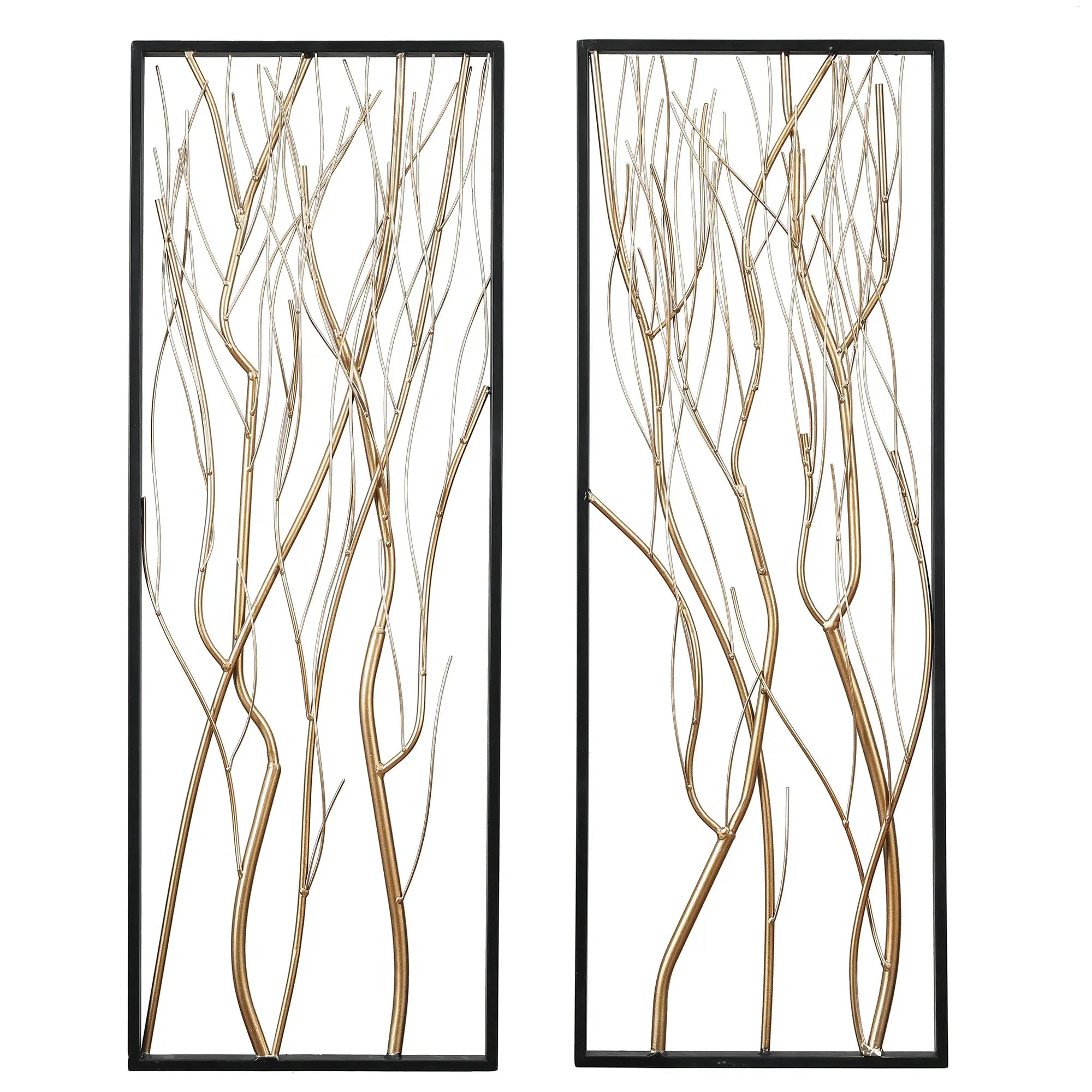 Two rectangular black metal wall art pieces featuring abstract gold and silver branch designs set against a white background—perfect modern wall art to create a stunning focal point in any room.