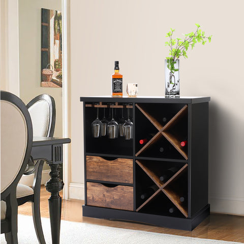 Black and Brown Wood 2-Drawer X-Storage Wine Cabinet