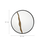 A round wall mirror featuring a decorative bronze-colored textured strip running vertically on one side, offering an artistic design. This modern decoration piece measures 30 inches in diameter, perfect for enhancing any room with style and elegance.