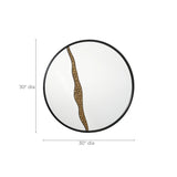 A round wall mirror featuring a decorative bronze-colored textured strip running vertically on one side, offering an artistic design. This modern decoration piece measures 30 inches in diameter, perfect for enhancing any room with style and elegance.