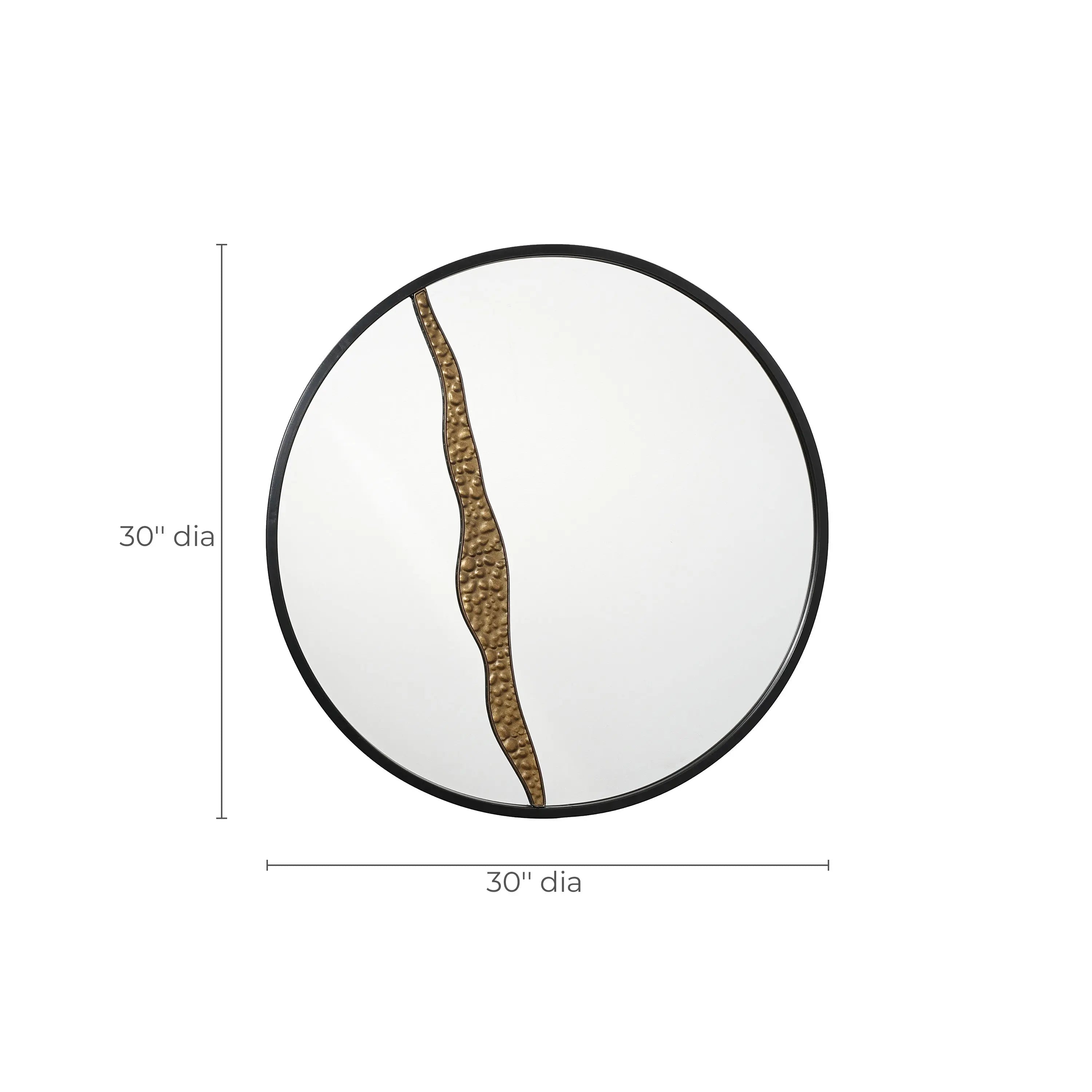 A round wall mirror featuring a decorative bronze-colored textured strip running vertically on one side, offering an artistic design. This modern decoration piece measures 30 inches in diameter, perfect for enhancing any room with style and elegance.