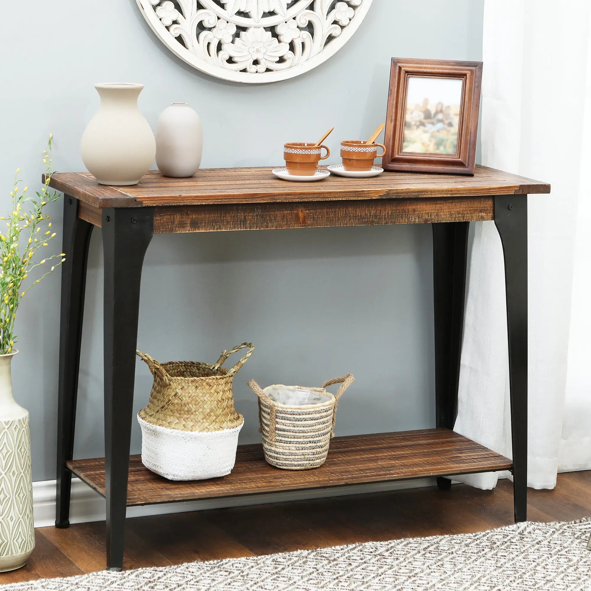 Dark Brown Wood and Black Metal 1-Shelf Console and Entry Table - LuxenHome