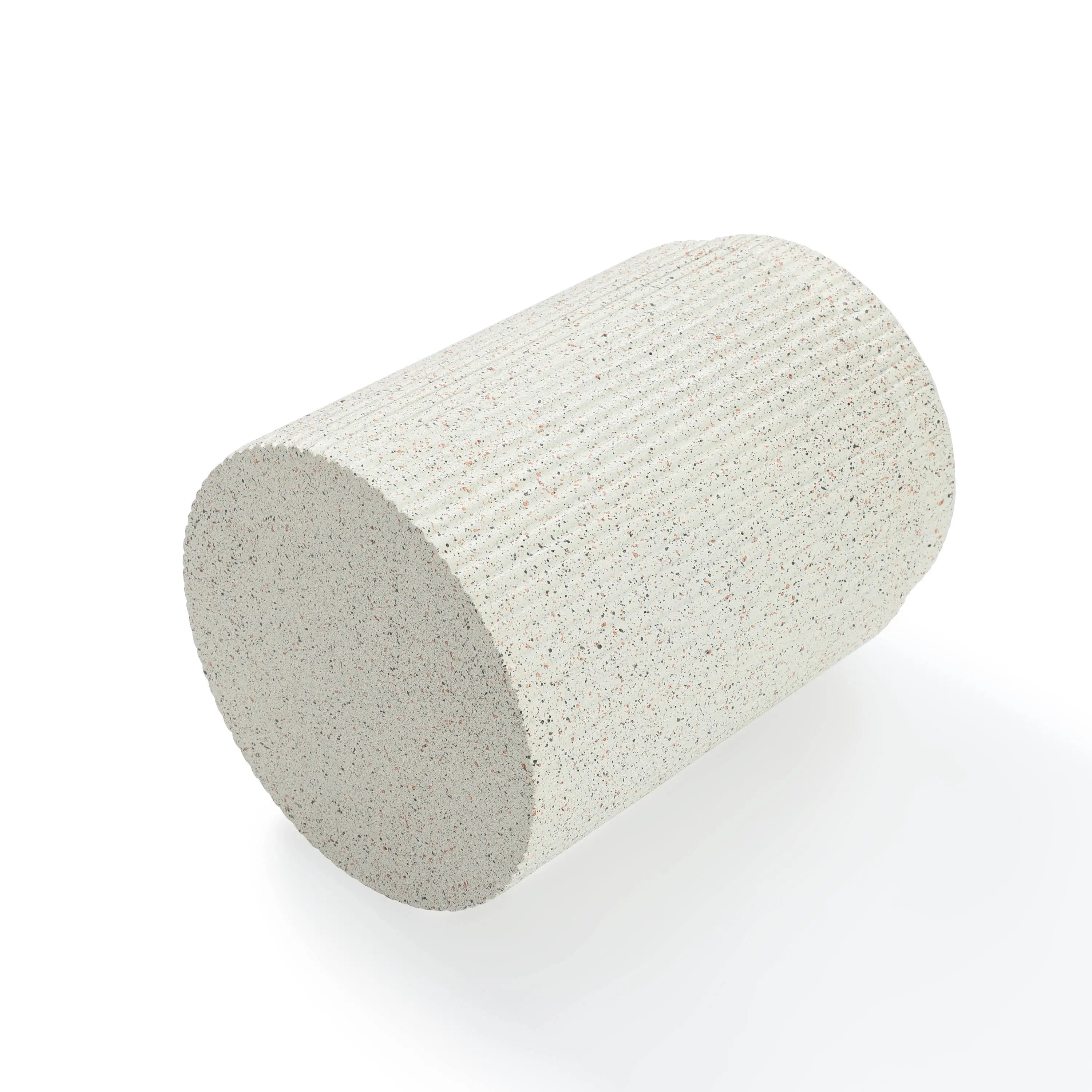 Image of a cylindrical pumice stone with a textured surface, reminiscent of cement material, shown on a white background.
