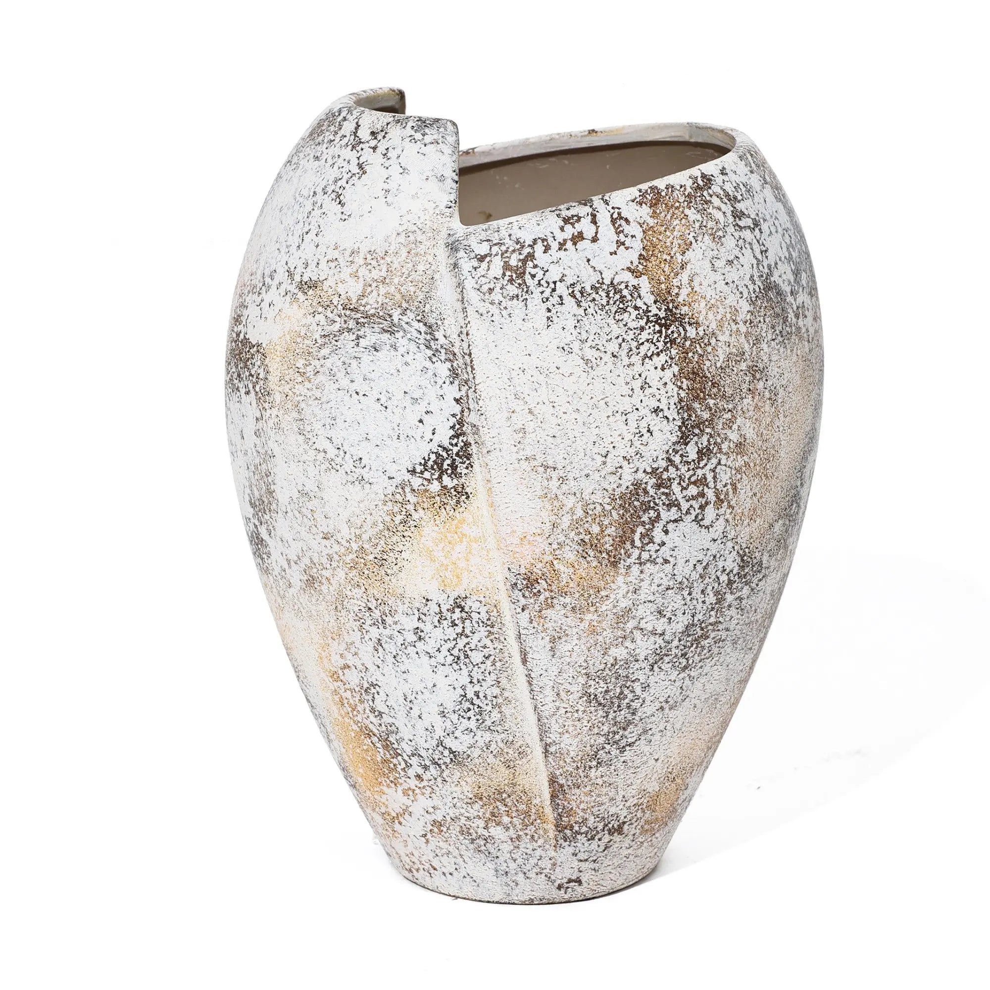A textured, oval-shaped ceramic vase with a weathered white and brown finish delicately emulates a broken egg design, featuring a small vertical opening at the top.
