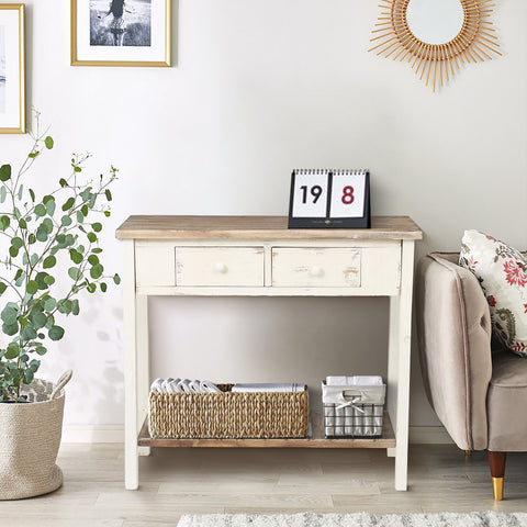 Distressed White and Wood 2-Drawer 1-Shelf Console and Entry Table