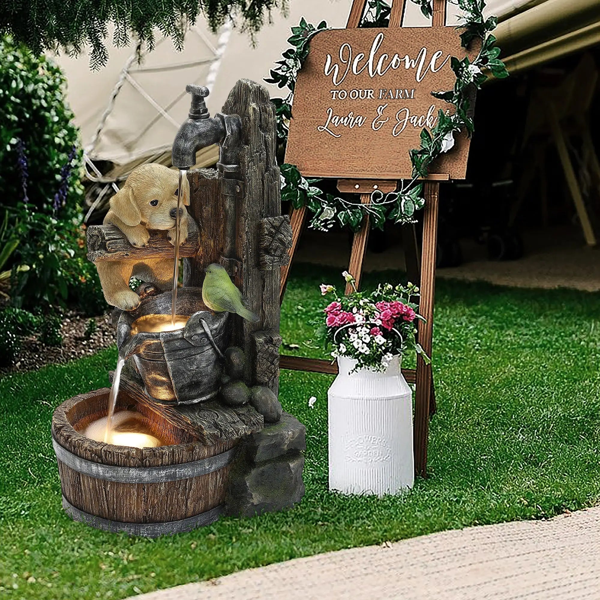 garden fountain with puppy and bird by the side of a farm entrance