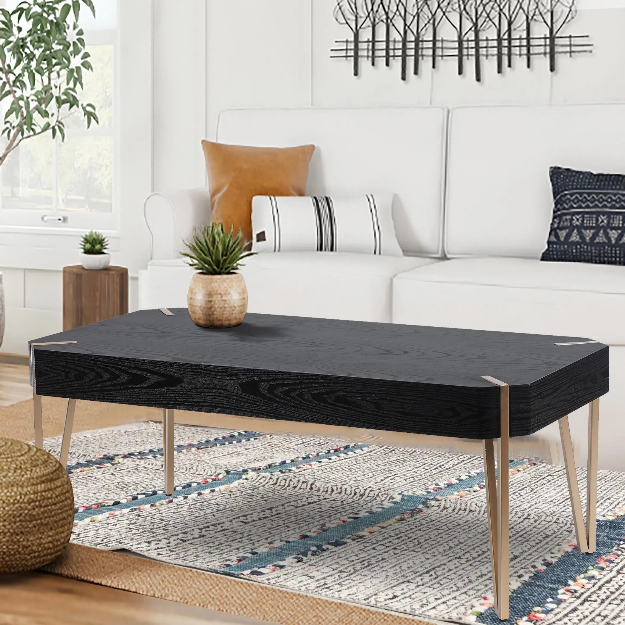 46.13" W Black Wood Veneer and Gold Metal Coffee Table - LuxenHome