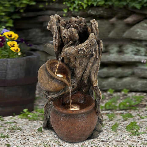 Brown Resin Tree Farmhouse Pots Outdoor Fountain with LED Lights