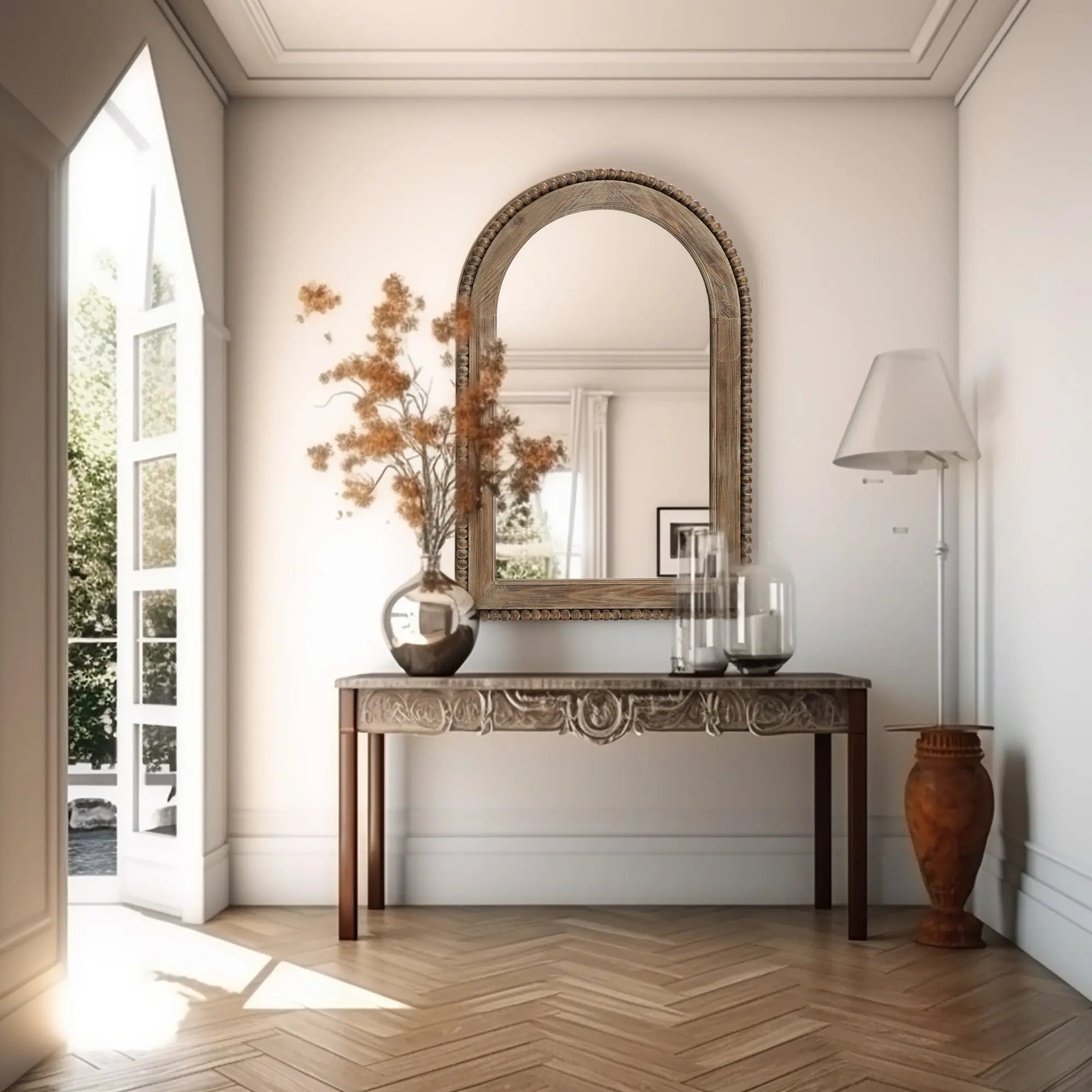 wooden-beaded-wood-framed-wall-mirror-in-living-room