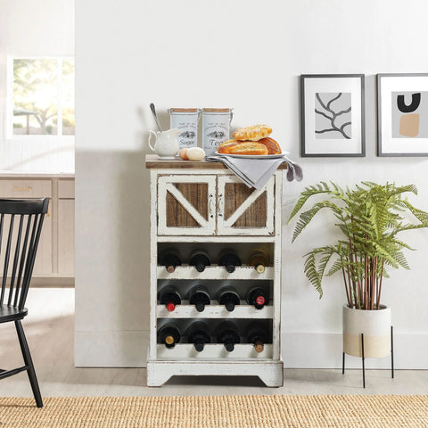 White and Natural Wood 2-Door Wine Cabinet