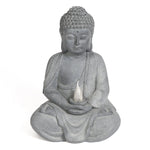 Gray Buddha statue in a seated meditation pose, holding a small solar-powered light in its lap, perfect as a serene garden decoration against a plain white background.