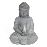 Gray Buddha statue in a seated meditation pose, holding a small solar-powered light in its lap, perfect as a serene garden decoration against a plain white background.