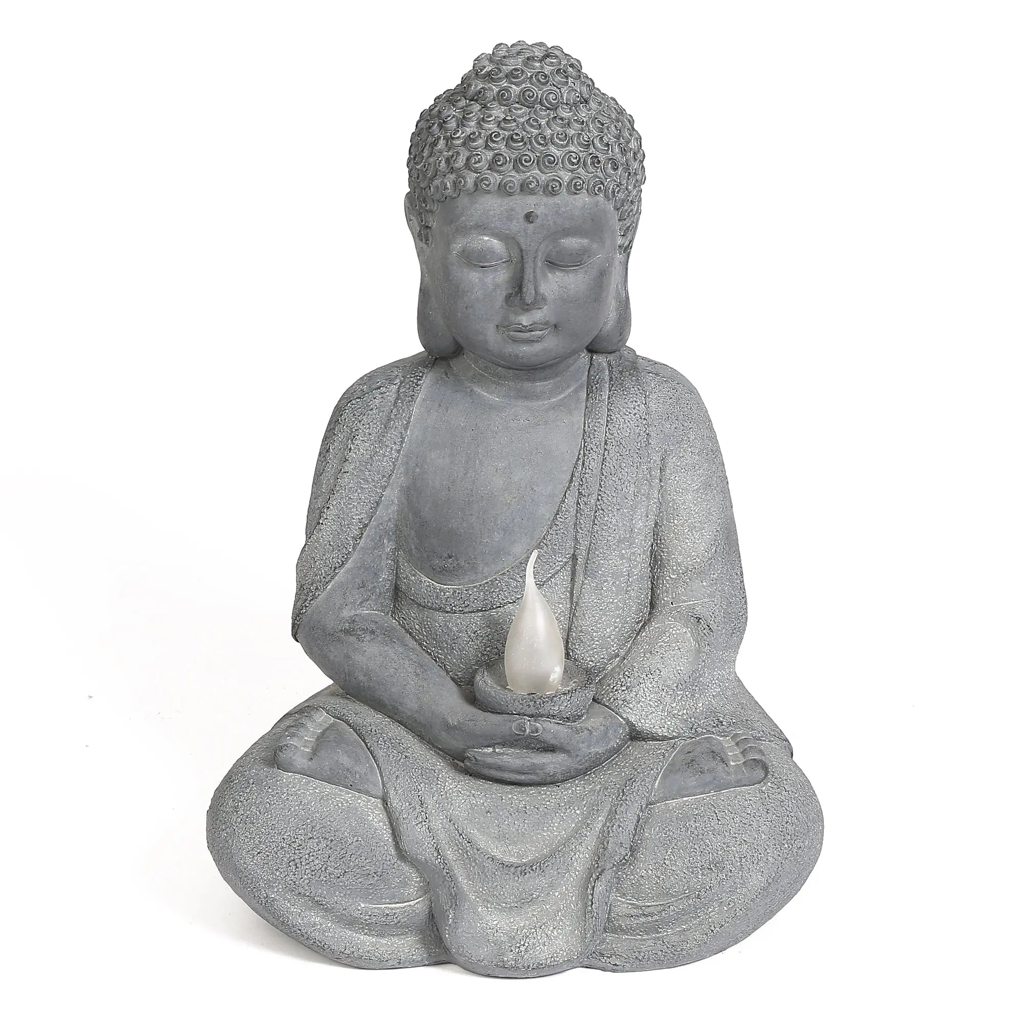 Gray Buddha statue in a seated meditation pose, holding a small solar-powered light in its lap, perfect as a serene garden decoration against a plain white background.