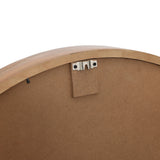 Close-up of the back of a solid wood frame showing a hanging bracket and attached hardware for mounting, highlighting the natural wood finish.