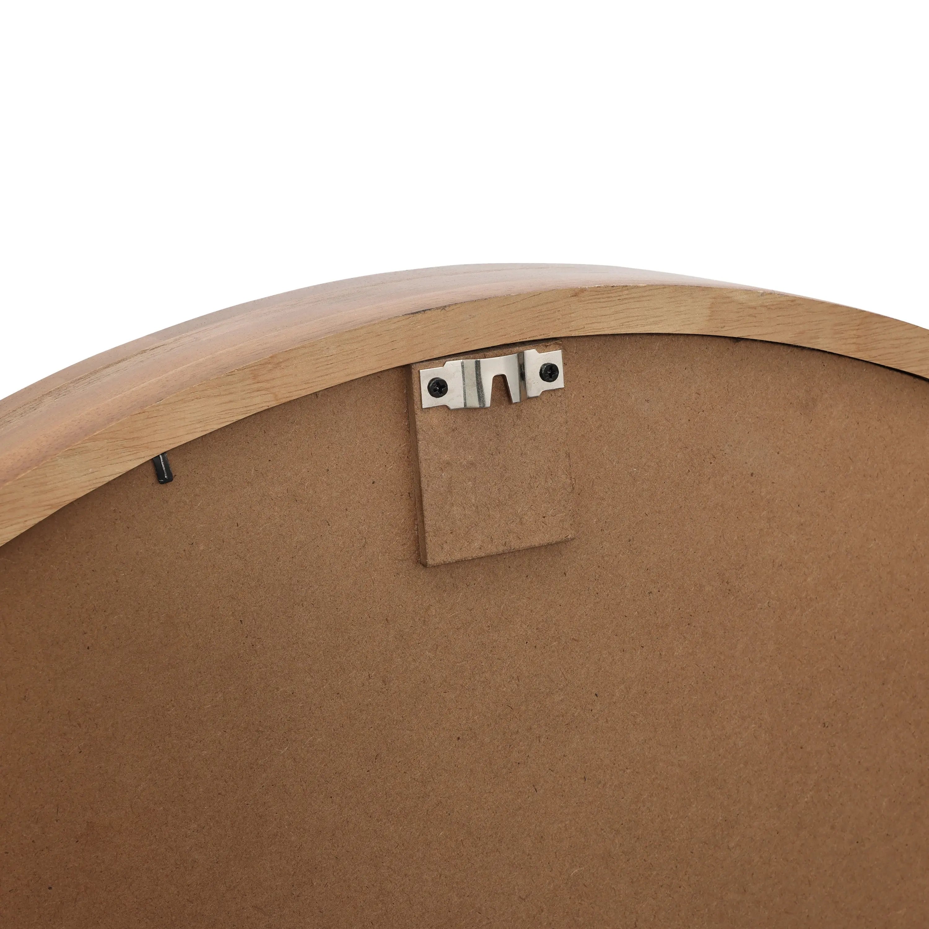 Close-up of the back of a solid wood frame showing a hanging bracket and attached hardware for mounting, highlighting the natural wood finish.