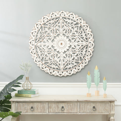 Distressed White Wood Flower Mandala 31.5" Round Wall Decor