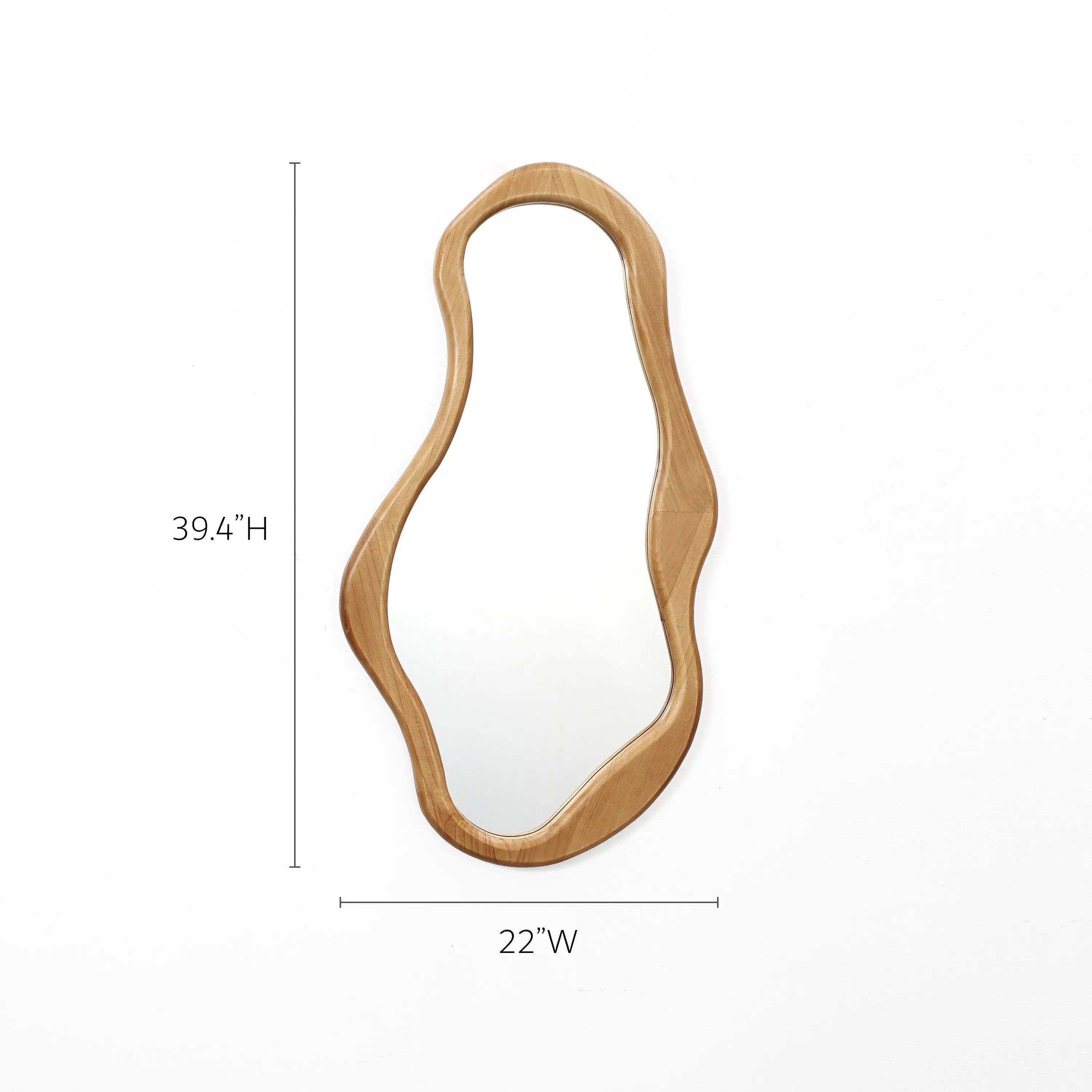 Asymmetrical mirror with a pine frame, measuring 39.4 inches in height and 22 inches in width, against a white background. The piece exudes natural energy, adding an organic touch to any decor.