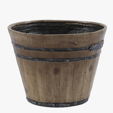 Set of 2 Rustic Brown Faux Wood Whiskey Barrel MgO Planters