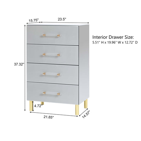 Grey 4-drawer chest, tapered glass surface