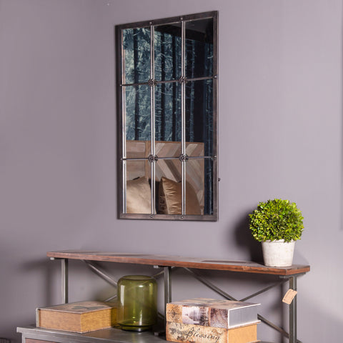 Rustic Brown Metal Frame Windowpane Accent Wall Mirror