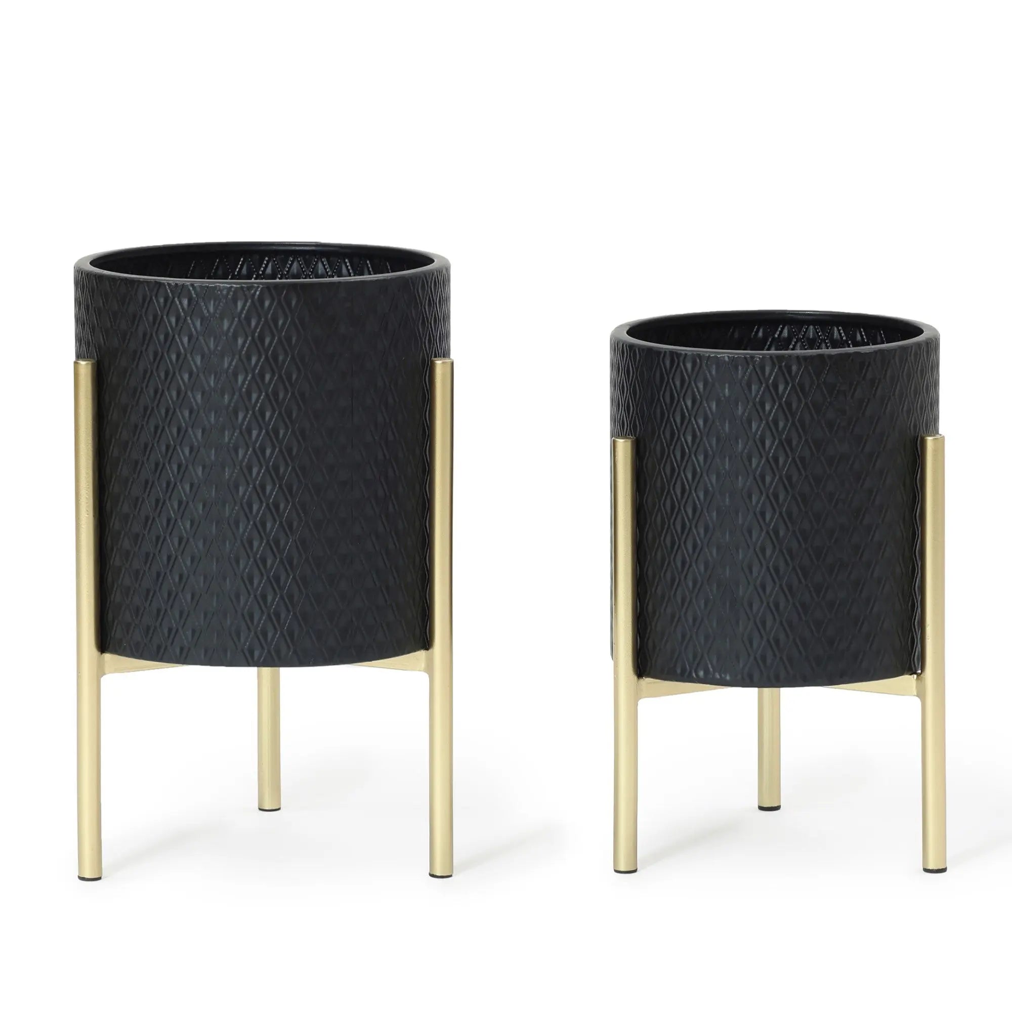 Two black textured planters crafted from durable iron, featuring sleek gold stands, are displayed side by side. This contemporary modern style planter set includes one larger and one smaller pot, adding a touch of elegance to any space.