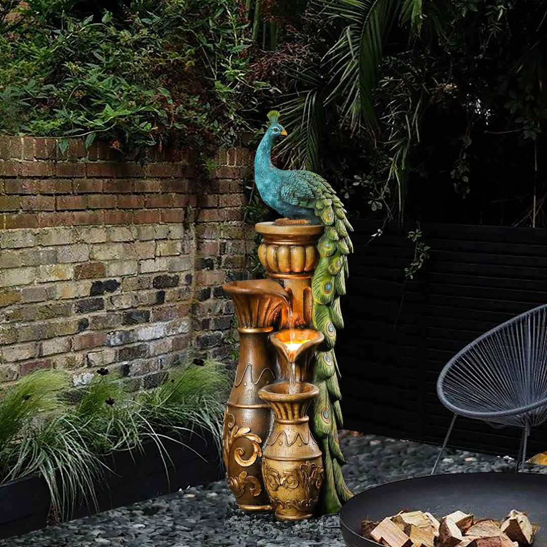 Peacock and Urns Resin Outdoor Fountain with LED Lights LuxenHome