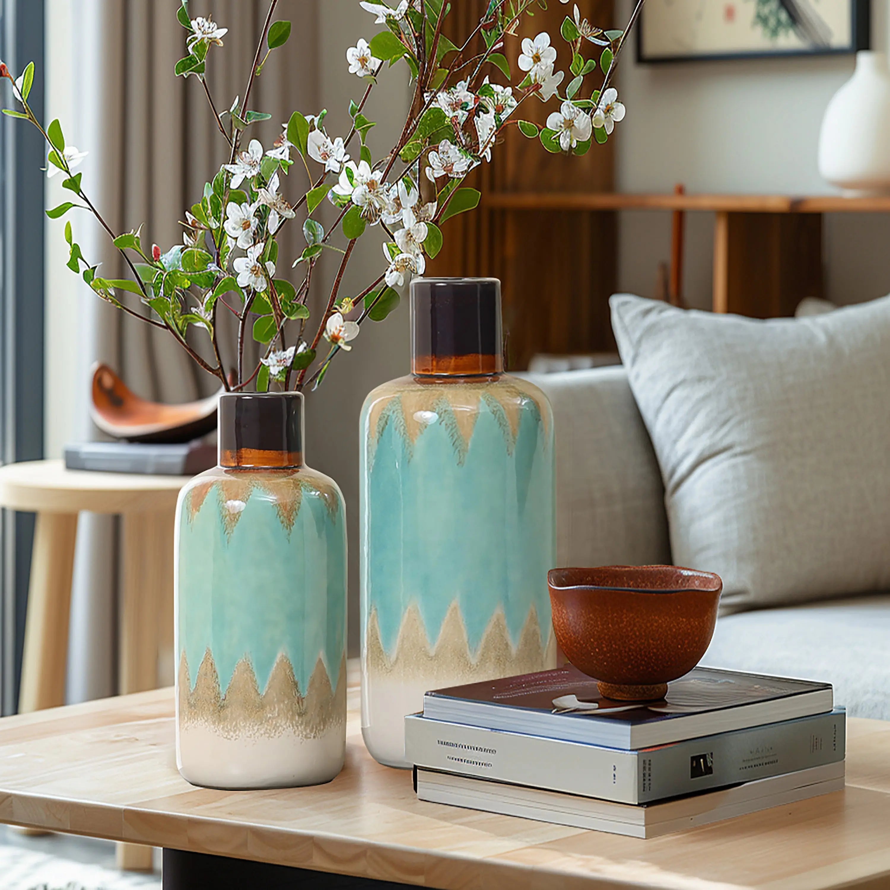 Two turquoise vases exude nautical charm with blooming branches on a wooden table beside a brown bowl and stacked books in a modern living room.