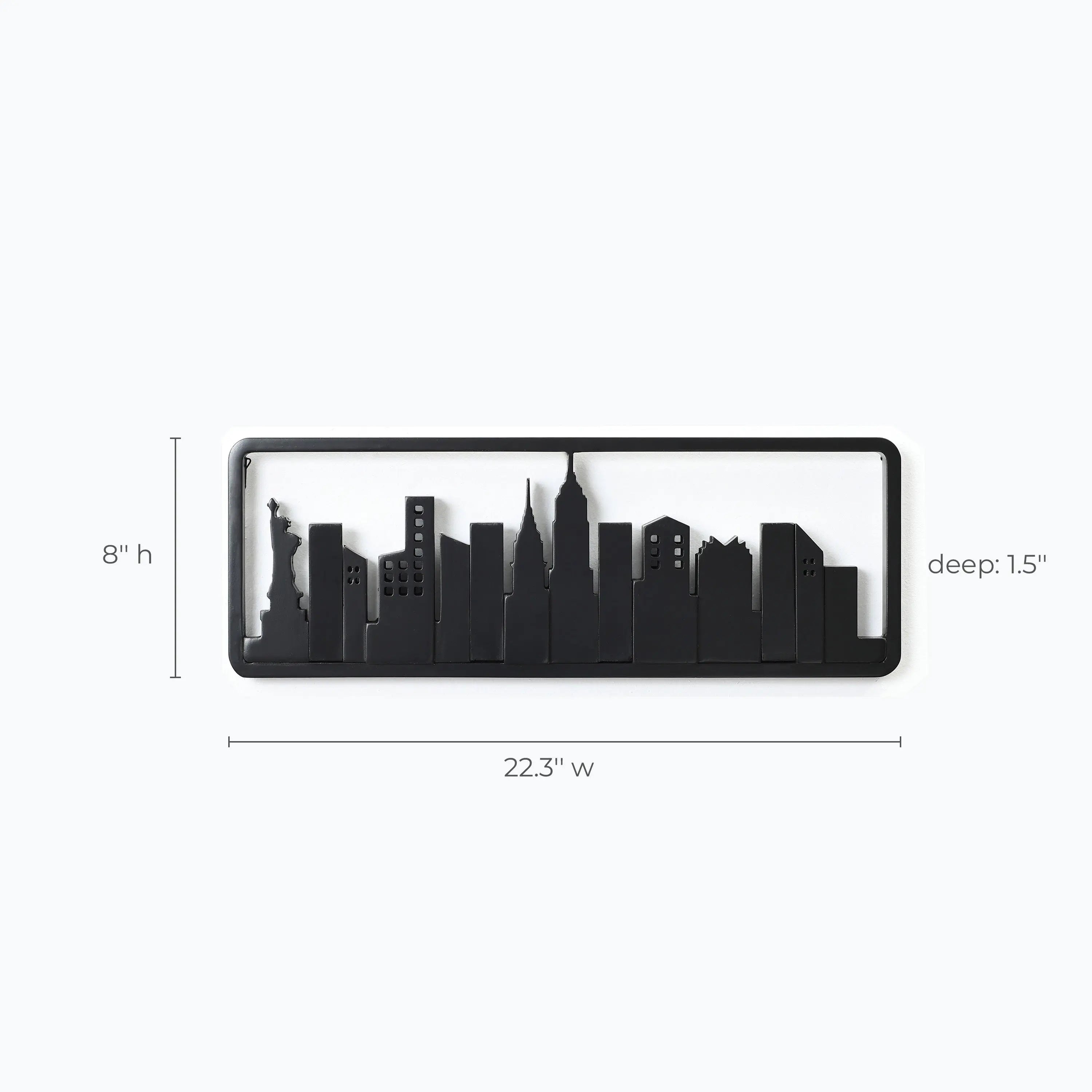 A black silhouette of a city skyline adorns this wall-mounted coat rack, framed in solid fir wood. Its dimensions are 22.3 wide, 8 high, and 1.5 deep, featuring cleverly designed flip-down hooks for hanging convenience without compromising style.