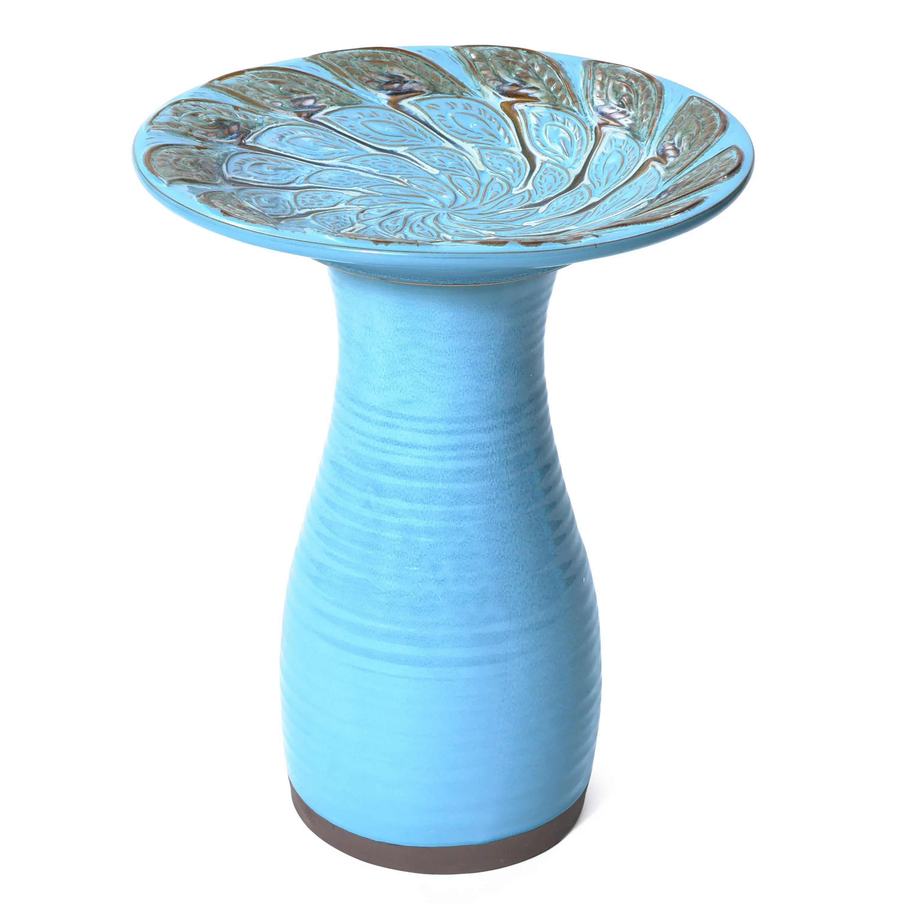 blue glazed ceramic bird bath