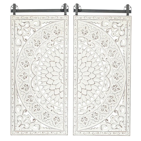 Set of 2 Distressed Ivory White Wood Flower Wall Decor