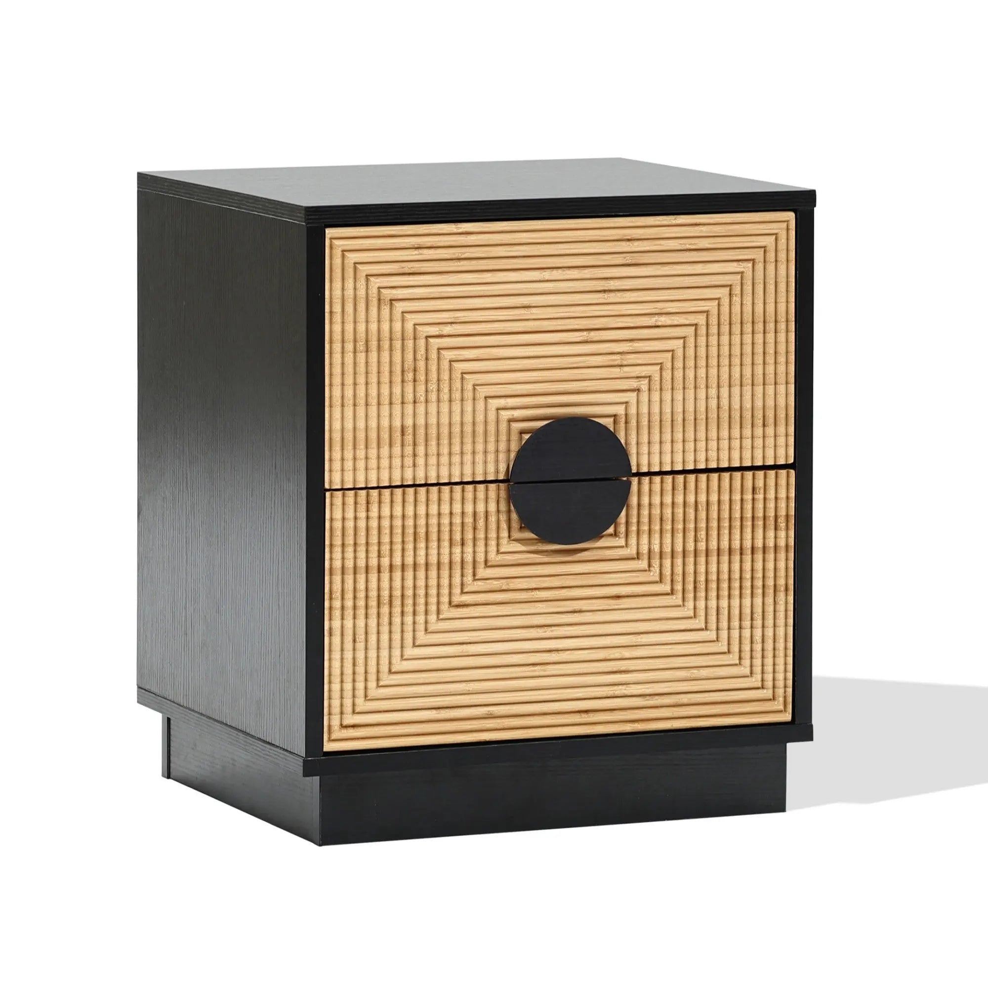 The LuxenHome Ethan bamboo stripped black nightstand features a contemporary design with two drawers, showcasing a geometric square pattern in light wood. With its round black handles, it elegantly stands against a plain white background.