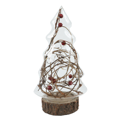 Lighted Glass Christmas Tree with Red Berries and Branch Battery-Operated Tabletop Lantern