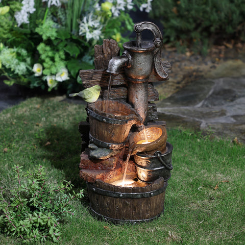 Farmhouse Pump and Barrels Resin Outdoor Fountain with LED Lights