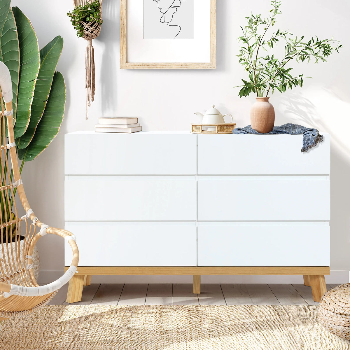 white dresser with brown legs Ebba 6-drawer dresser, solid wood leg – LuxenHome Distressed Fringe Trim Long reg-20260501-4 Size:22R tone finishing in walnut