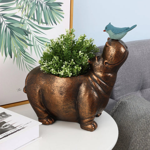 Brown Hippo and Blue Bird MgO Flower Pot Planter