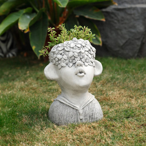 Gray MgO Kissing Flower Child Bust Planter