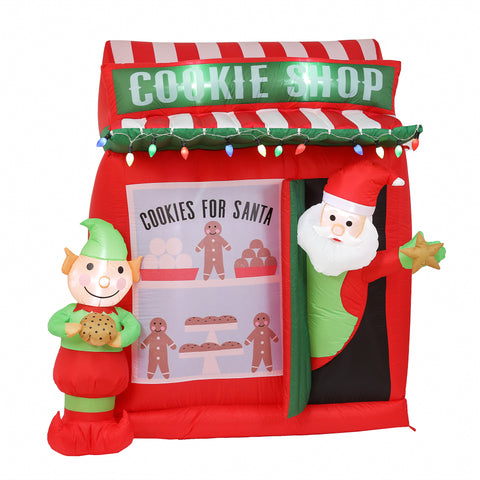 6Ft Santa and Elf Cookie Shop Inflatable with LED Lights