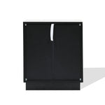 The LuxenHome Ethan bamboo stripped black nightstand is a modern side table featuring sleek white handles on two doors. Set against a plain white background, its minimalist design casts a soft shadow to the right.