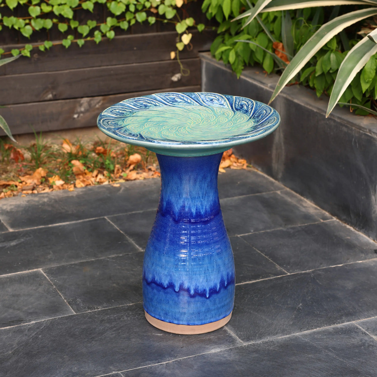 Blue glazed spiral ceramic birdbath LuxenHome
