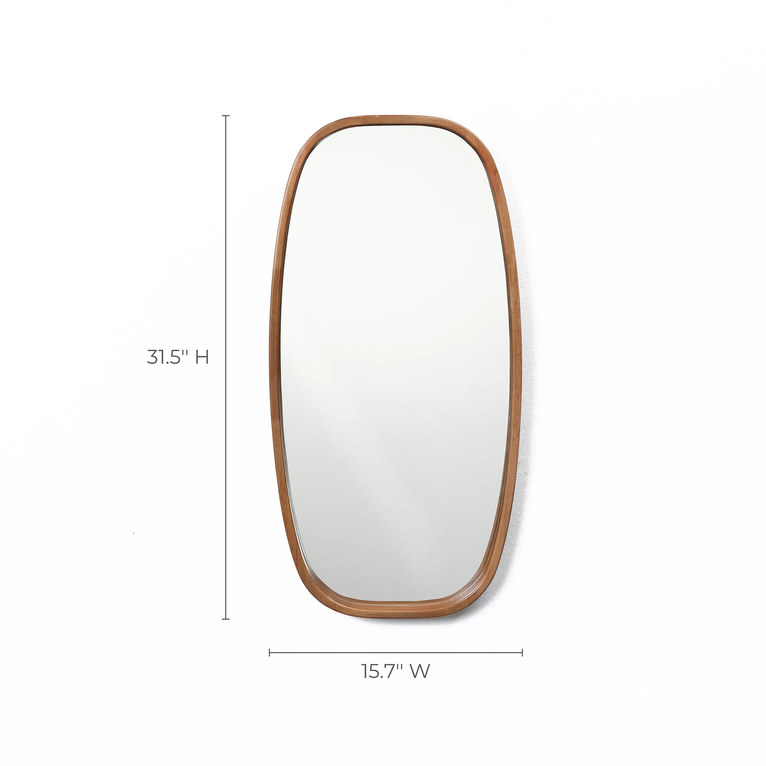 Contemporary style mirror with a handcrafted rubberwood frame, measuring 31.5 inches in height and 15.7 inches in width, displayed against a plain white background.