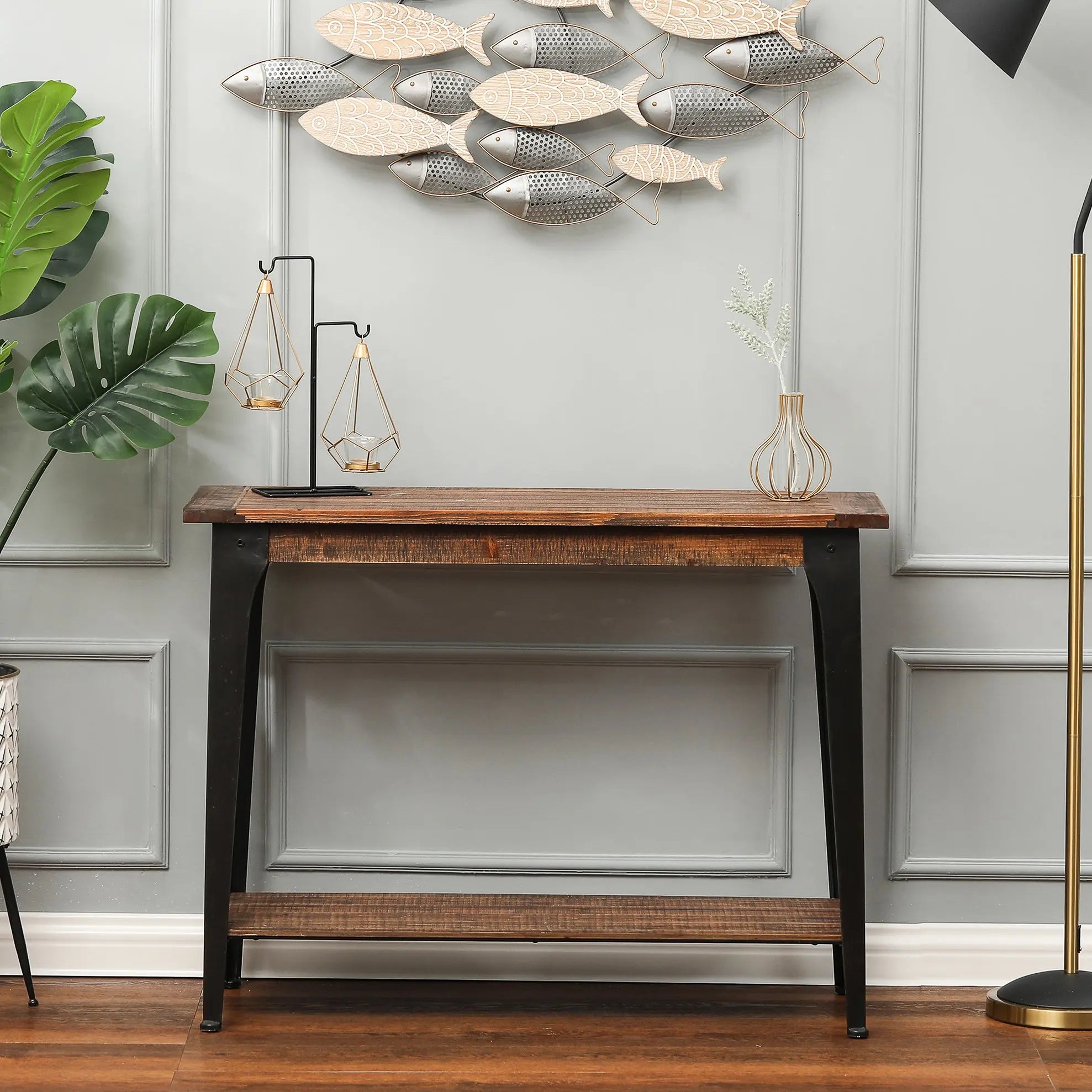 Dark Brown Wood and Black Metal 1-Shelf Console and Entry Table - LuxenHome