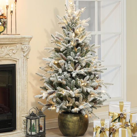 4.5Ft Pre-Lit LED Artificial Flocked Pine Tree with Pine Cones and Pot
