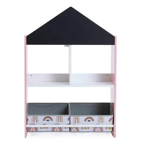 Children's Multi-Functional House Bookcase Toy Storage Bin Floor Cabinet with Blackboard, Pink
