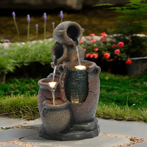 Rustic Brown Urns Resin Outdoor Fountain with LED Lights