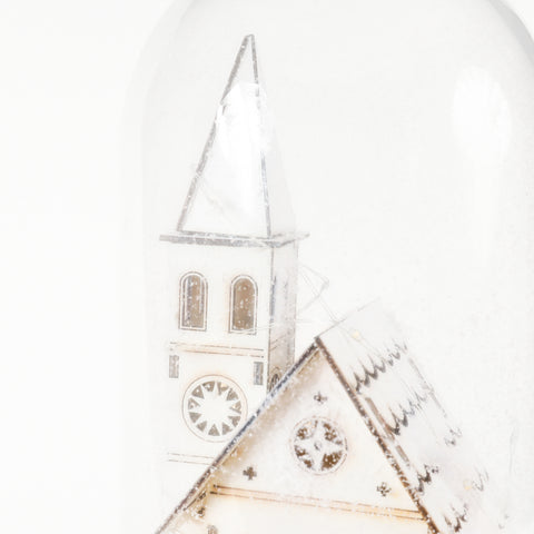 Lighted Christmas Snow-Covered White Church Glass Dome Battery-Operated Lantern
