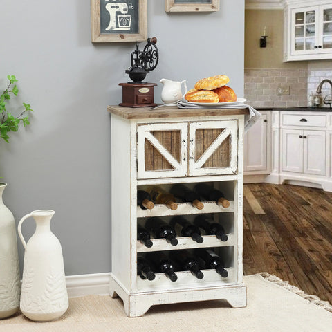 White and Natural Wood 2-Door Wine Cabinet